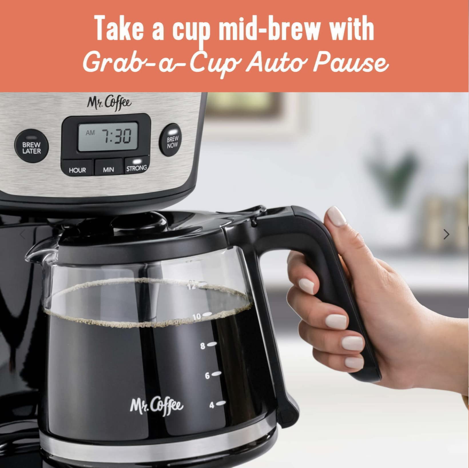 Mr. Coffee 12-Cup Programmable Coffeemaker, Strong Brew Selector, Stainless Steel.