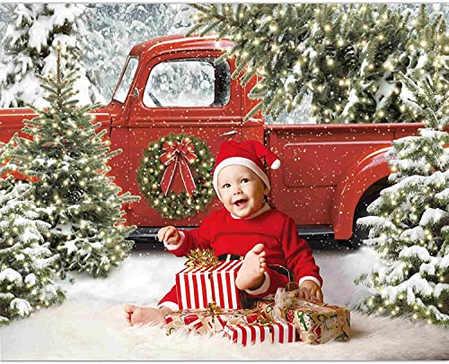 Funnytree 82" x 59" Christmas Red Truck Backdrop Winter Snowy Forest Tree Background Xmas Let it Snow Seasonal Baby Shower Birthday Party Banner Decor Portrait Photobooth Prop Gift Supplies Favors