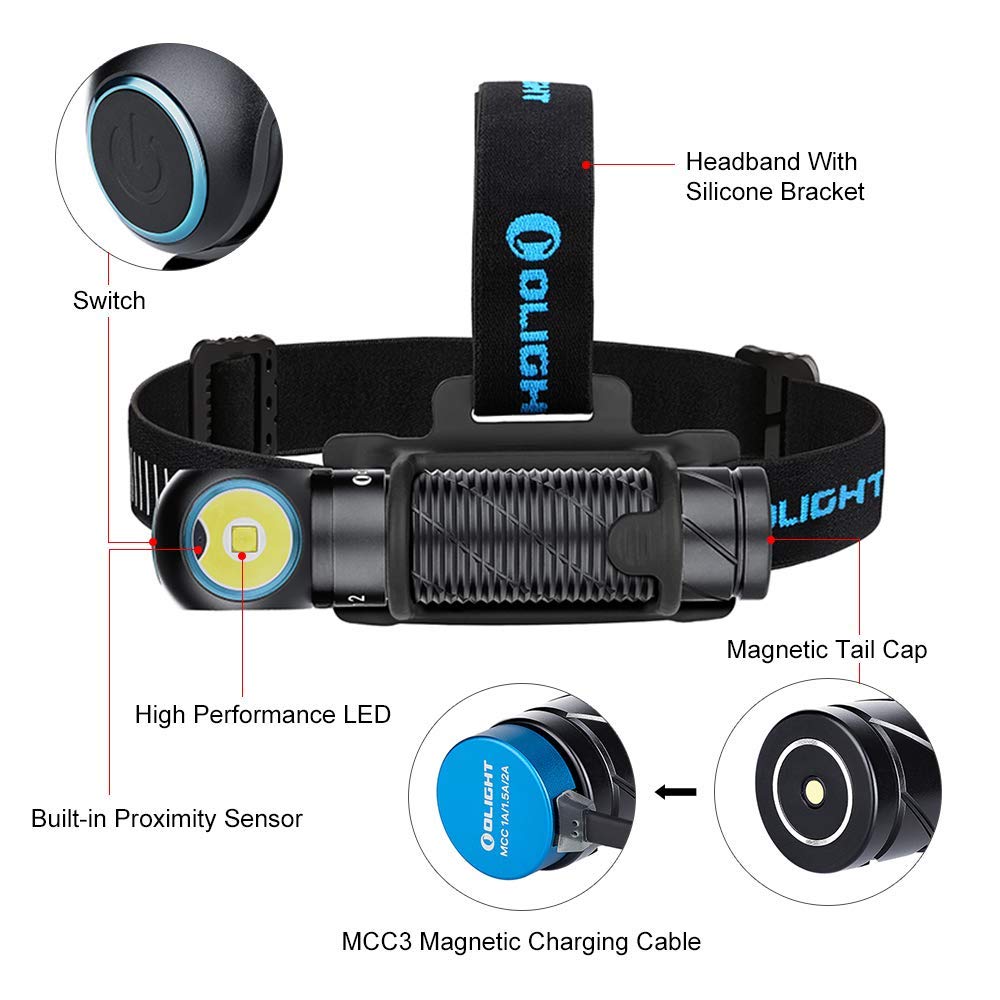 OLIGHT Perun 2 2500 Lumens Rechargeable Headlamp, Multi-Functional Right Angle MCC Waterproof Flashlight with Headband, Perfect for Night Camping, Hiking, Hunting(Black)