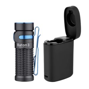olight baton3 premium edition 1200 lumens compact led flashlight powered by a single rechargeable battery, with charging box, black