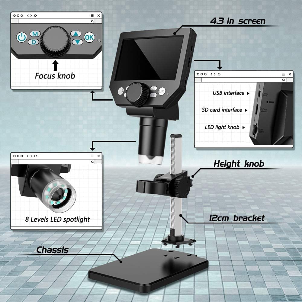 LCD Digital Microscope,4.3 Inch 1080P 10 Megapixels,1-1000X Magnification Zoom Wireless USB Stereo Microscope Camera,10MP Camera Video Recorder with HD Screen