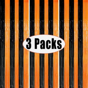 3 packs 3.3ft x 6.6ft orange black metallic tinsel foil fringe curtains photo booth props for halloween birthday bridal shower baby shower bachelorette holiday celebration party decorations