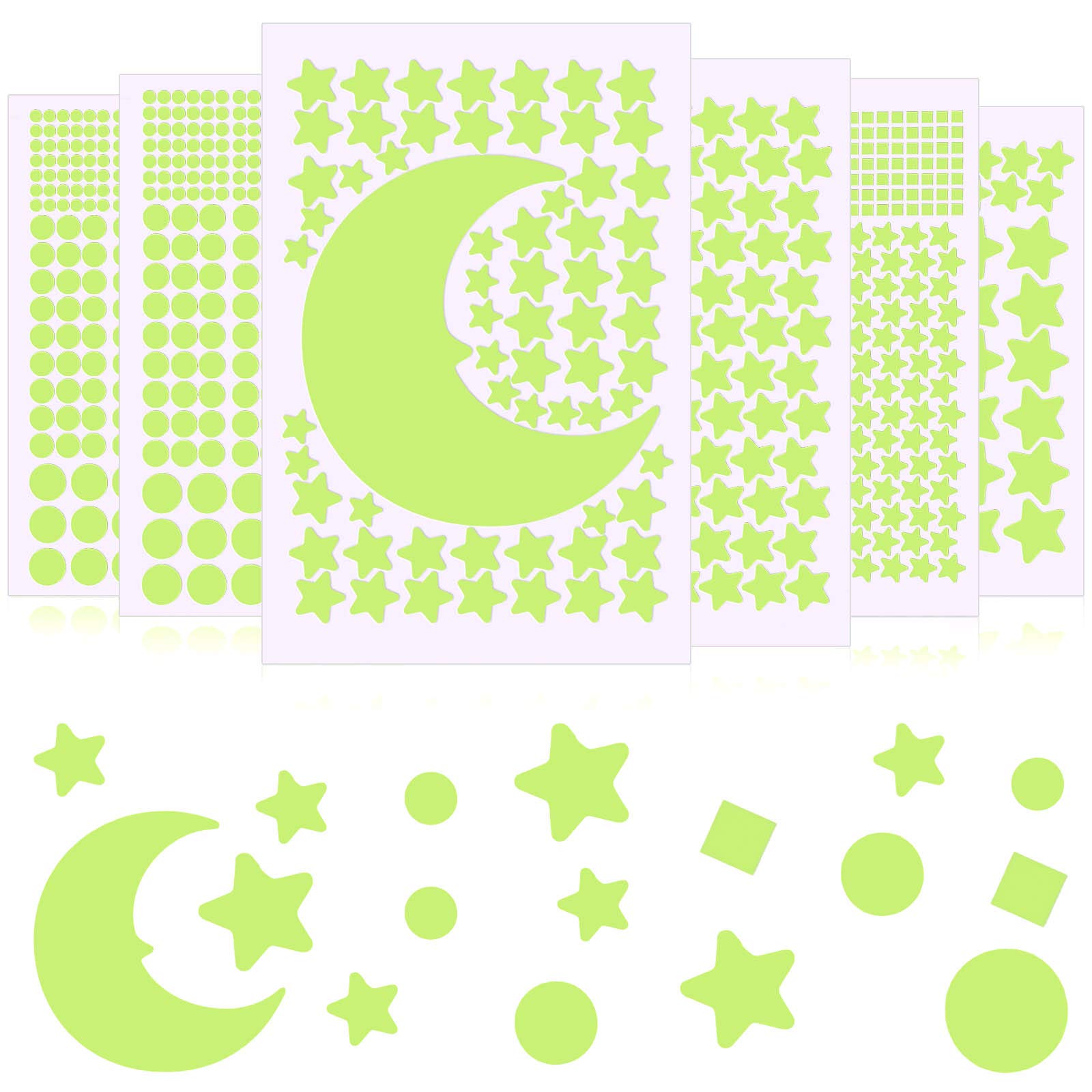 969 Pieces Glow in The Dark Stars Stickers Moon Stars and Dots Wall Stickers Starry Ceiling and Adhesive Wall Decals for Kids Bedroom Decals Party Decoration, Green