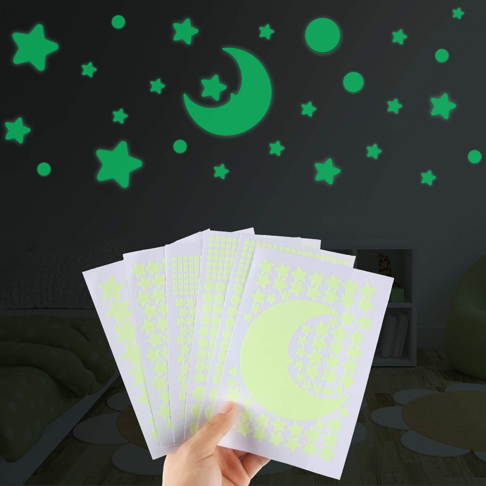 969 Pieces Glow in The Dark Stars Stickers Moon Stars and Dots Wall Stickers Starry Ceiling and Adhesive Wall Decals for Kids Bedroom Decals Party Decoration, Green