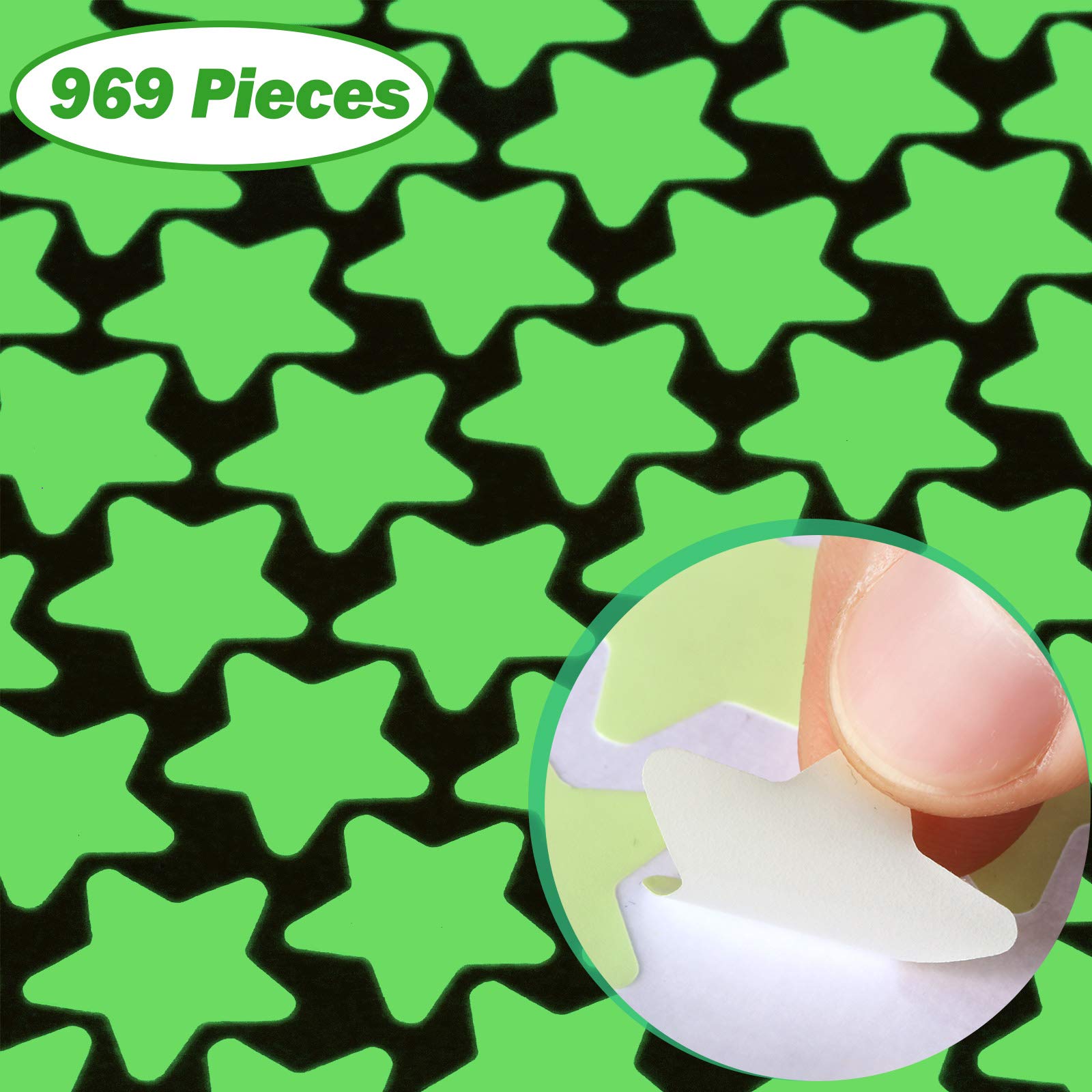 969 Pieces Glow in The Dark Stars Stickers Moon Stars and Dots Wall Stickers Starry Ceiling and Adhesive Wall Decals for Kids Bedroom Decals Party Decoration, Green