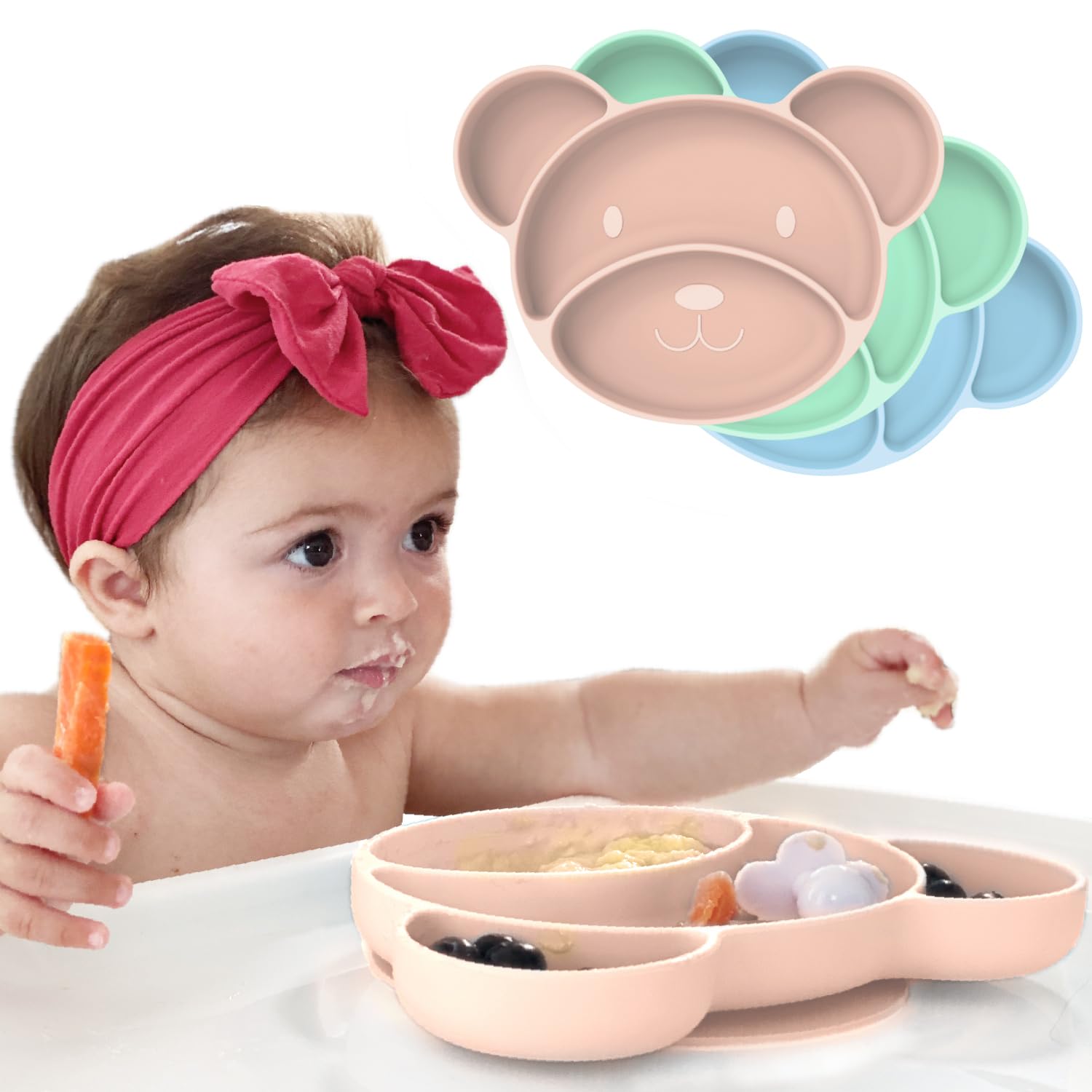 Suction Plates for Baby and Toddler Plates - Non Slip Baby Plates with Suction Silicone Plates for Baby and Kids for No More Meal Time Mess - Stay Put Divided Silicone Placemat - Mint