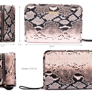 ROWNYEON Lipstick Organizer Bag Case Lipstick Holder 67 Slots Snake Print Portable Travel Makeup Bag Cosmetic Case Lipstick Carrying Case Makeup Storage Bag Case For Lip Gloss,Mascara-Pink PU Leather