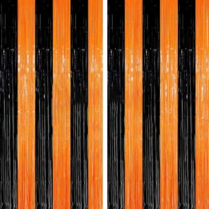 fecedy 2pcs 3ft x 8.3ft orange black metallic tinsel foil fringe curtains photo booth props for halloween birthday bridal shower baby shower bachelorette holiday celebration party decorations