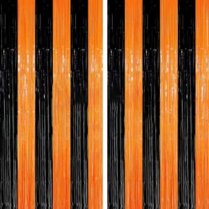 FECEDY 2pcs 3ft x 8.3ft Orange Black Metallic Tinsel Foil Fringe Curtains Photo Booth Props for Halloween Birthday Bridal Shower Baby Shower Bachelorette Holiday Celebration Party Decorations