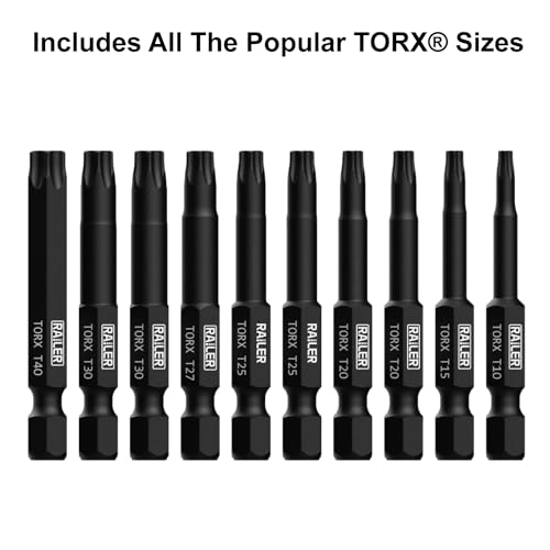 TORX Bit Set, Railer 10-Piece 6 Point TORX Screwdriver Bit Set. S2 Steel Impact Driver T10 T15 T20x2 T25x2 T27 T30x2 T40 Torx Star Bits