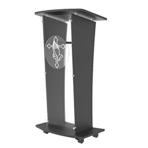 Acrylic Church Podium Pulpit Debate Conference Lectern Plexiglass Lucite Black Wood Shelf Cup Holder on Wheels with Prayer Hand and Cross Plaque 1803-5-BLACK+12152-NPF