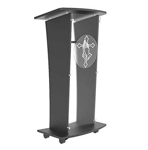 Acrylic Church Podium Pulpit Debate Conference Lectern Plexiglass Lucite Black Wood Shelf Cup Holder on Wheels with Prayer Hand and Cross Plaque 1803-5-BLACK+12152-NPF