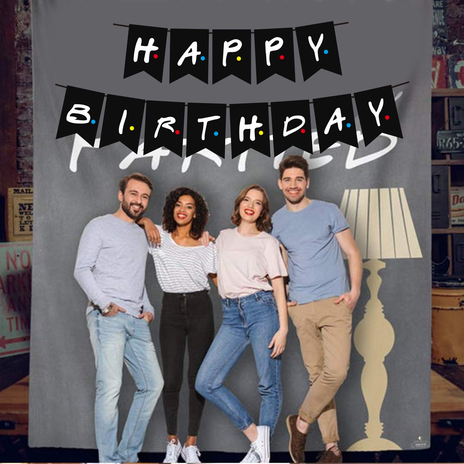 Happy Birthday Banner for Friends Themed Birthday Party Decoration, TV Show Friends Style Bunting Photo Backdrop for Friends Fans (Black)