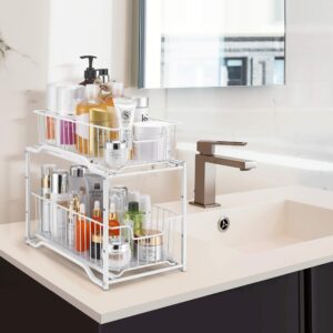 Simple Trending 2 Tier Stackable Under Sink Cabinet Organizer with Sliding Storage Drawer, White