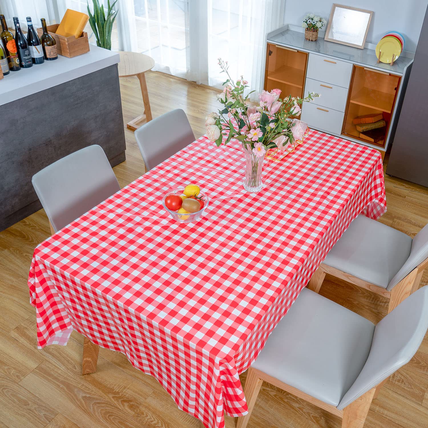 Plastic Tablecloth Disposable, Red and White Checkered Tablecloth, Pack of 6, 54" x 108" Rectangle