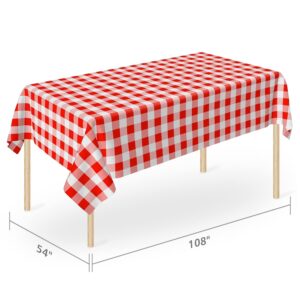 Plastic Tablecloth Disposable, Red and White Checkered Tablecloth, Pack of 6, 54" x 108" Rectangle