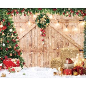 Haboke 10x8ft Soft Fabric Rustic Christmas Barn Wood Door Backdrop for Photography Xmas Tree Snow Gift Wall Floor Party Photo Background Family Holiday Supplies Banner Decorations Studio Prop Pictures