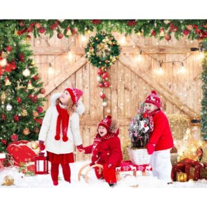 Haboke 10x8ft Soft Fabric Rustic Christmas Barn Wood Door Backdrop for Photography Xmas Tree Snow Gift Wall Floor Party Photo Background Family Holiday Supplies Banner Decorations Studio Prop Pictures