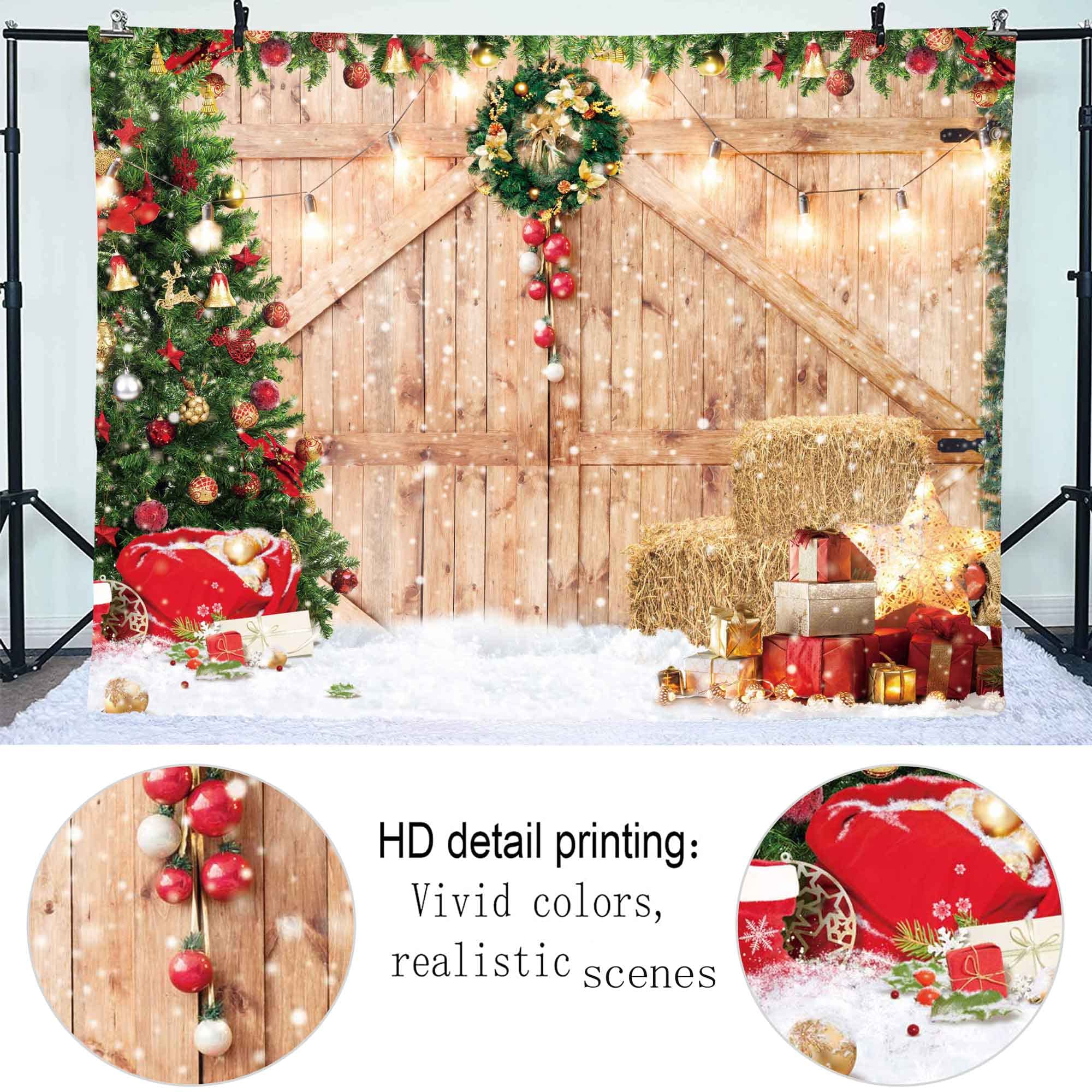 Haboke 10x8ft Soft Fabric Rustic Christmas Barn Wood Door Backdrop for Photography Xmas Tree Snow Gift Wall Floor Party Photo Background Family Holiday Supplies Banner Decorations Studio Prop Pictures