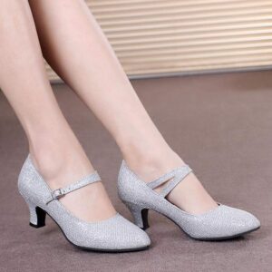 YKXLM Latin Ballroom Dance Shoes Closed Toe Dance Pumps Character Party Prom Dancing Pump,DY116-S,Silver-5.5,US 8