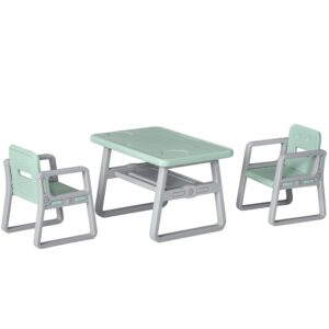 qaba 3-piece kids table and chair set writing desk with armrest, storage space for toddler activities, green