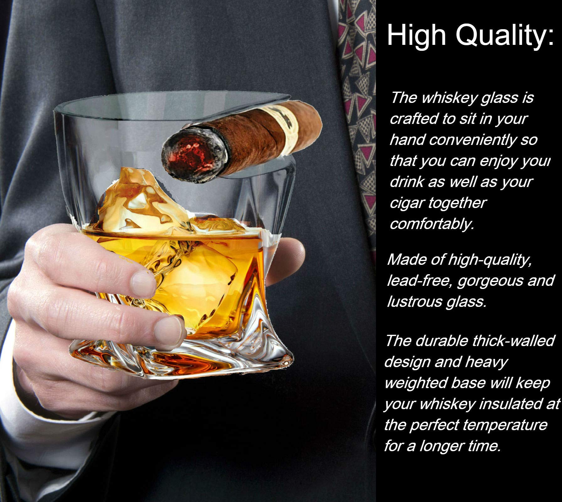 Bezrat Whiskey Cigar Glass- Double Old Fashioned Tumbler With Side Mounted Cigar Holder Rest - Whiskey Glasses Christmas Gift (Twist)