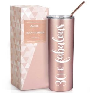 onebttl 30th birthday gifts for women, female, her - 30 and fabulous - 20oz/590ml stainless steel insulated tumbler with straw, lid, message card - (rose gold)