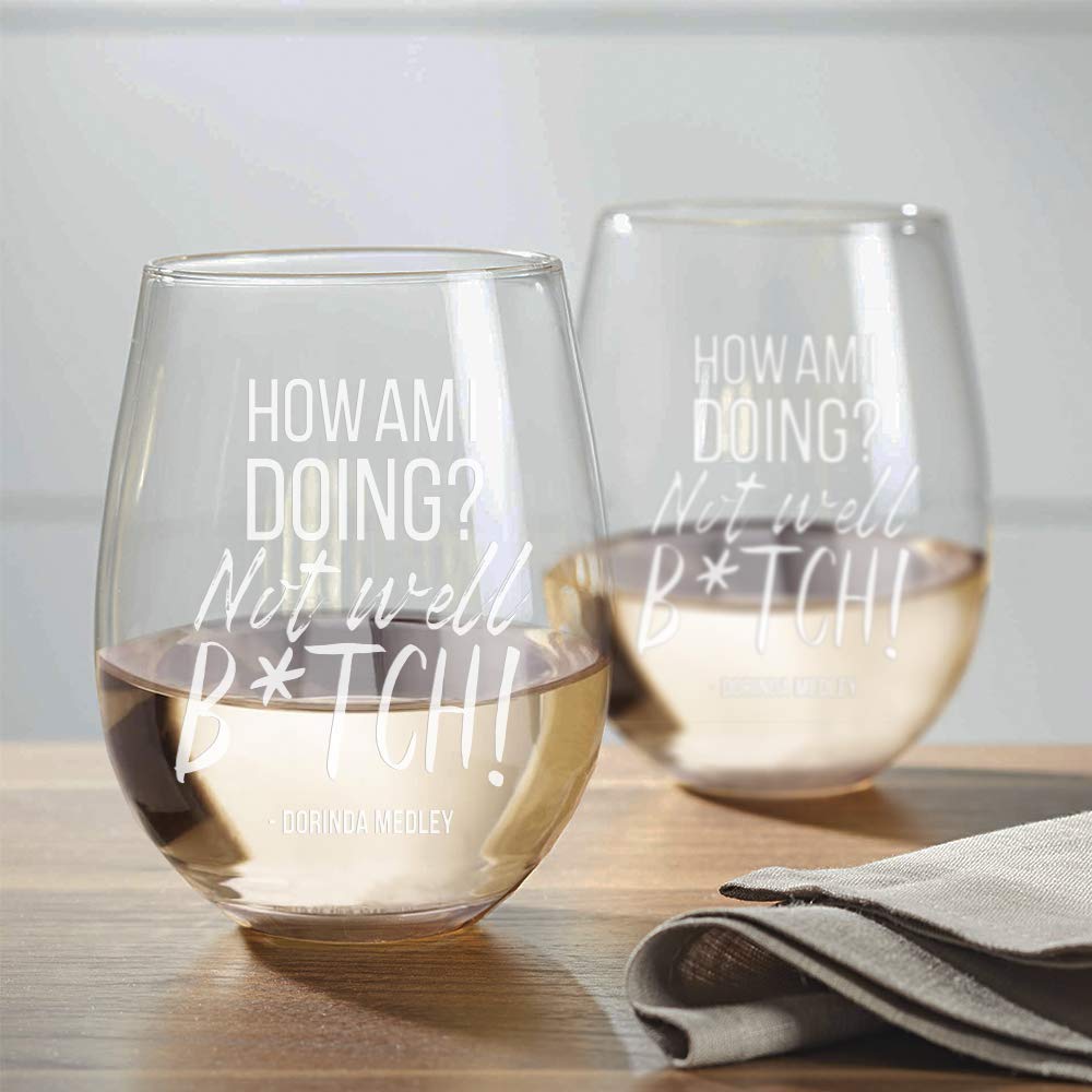 Bravo TV The Real Housewives of New York City How Am I Doing? Dorinda 21 oz Stemless Wine Glasses - Set of 2 - Officially Licensed