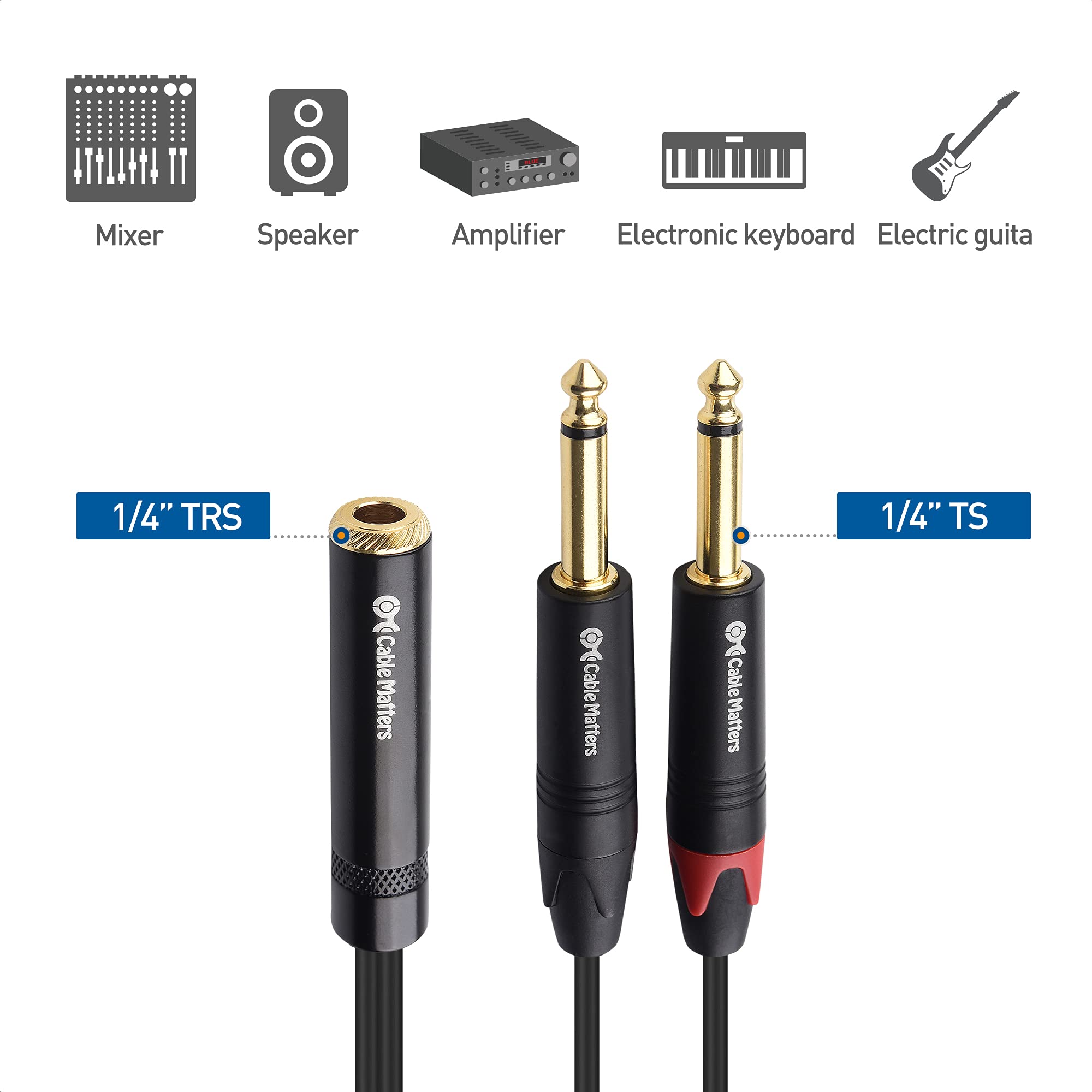 Cable Matters 2-Pack 1/4 TRS to Dual TS Stereo Audio Splitter Cable (Dual 1/4 Inch TS to TRS Female Adapter) in Black - 6 Inches / 0.15 Meters