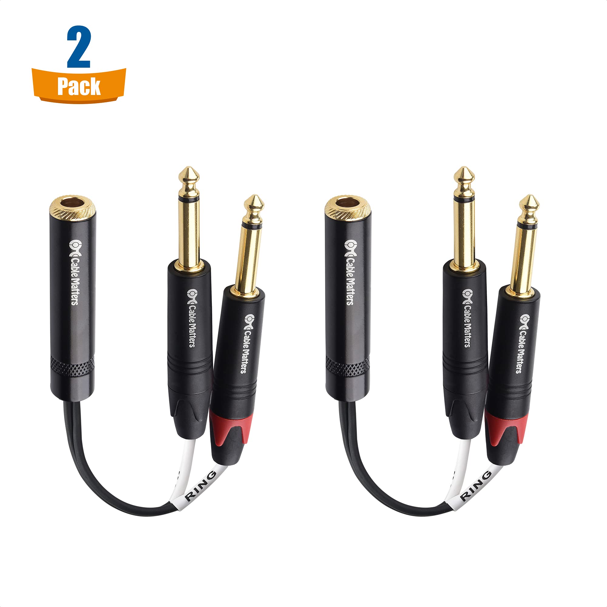 Cable Matters 2-Pack 1/4 TRS to Dual TS Stereo Audio Splitter Cable (Dual 1/4 Inch TS to TRS Female Adapter) in Black - 6 Inches / 0.15 Meters