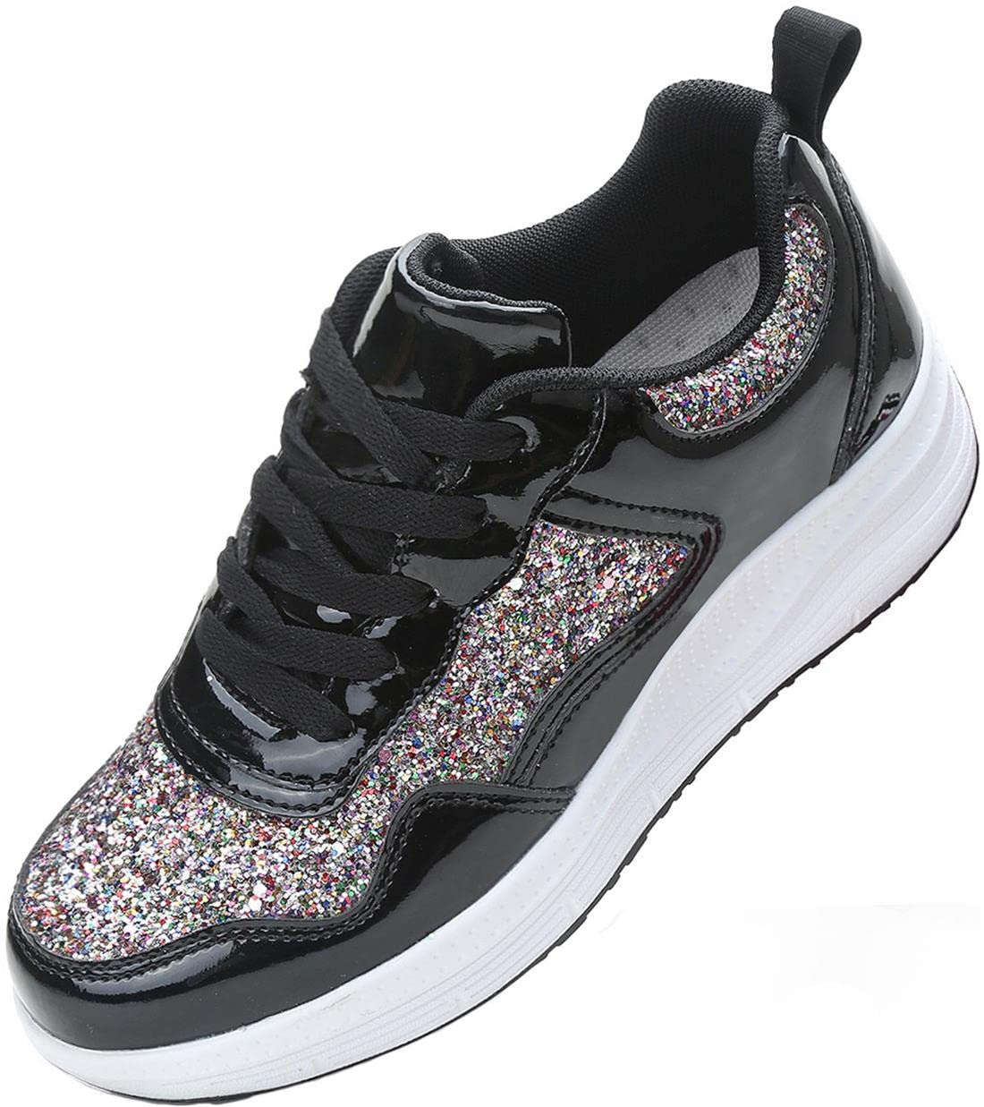 PPXID Women's Platform Sequins Fashion Sneakers Walking Shoes Lightweight Non Slip Running Shoes-Black 7.5 US Size