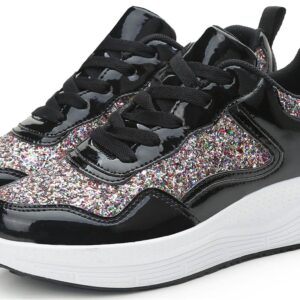 PPXID Women's Platform Sequins Fashion Sneakers Walking Shoes Lightweight Non Slip Running Shoes-Black 7.5 US Size