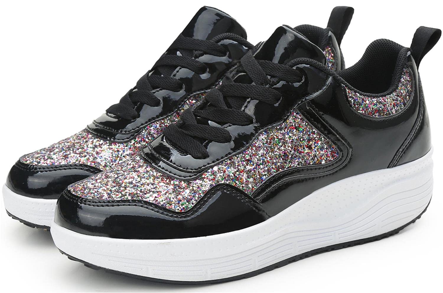 PPXID Women's Platform Sequins Fashion Sneakers Walking Shoes Lightweight Non Slip Running Shoes-Black 7.5 US Size