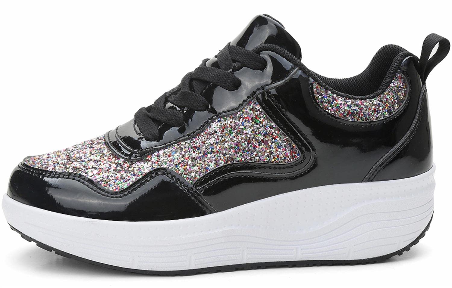 PPXID Women's Platform Sequins Fashion Sneakers Walking Shoes Lightweight Non Slip Running Shoes-Black 7.5 US Size