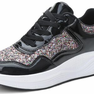 PPXID Women's Platform Sequins Fashion Sneakers Walking Shoes Lightweight Non Slip Running Shoes-Black 7.5 US Size