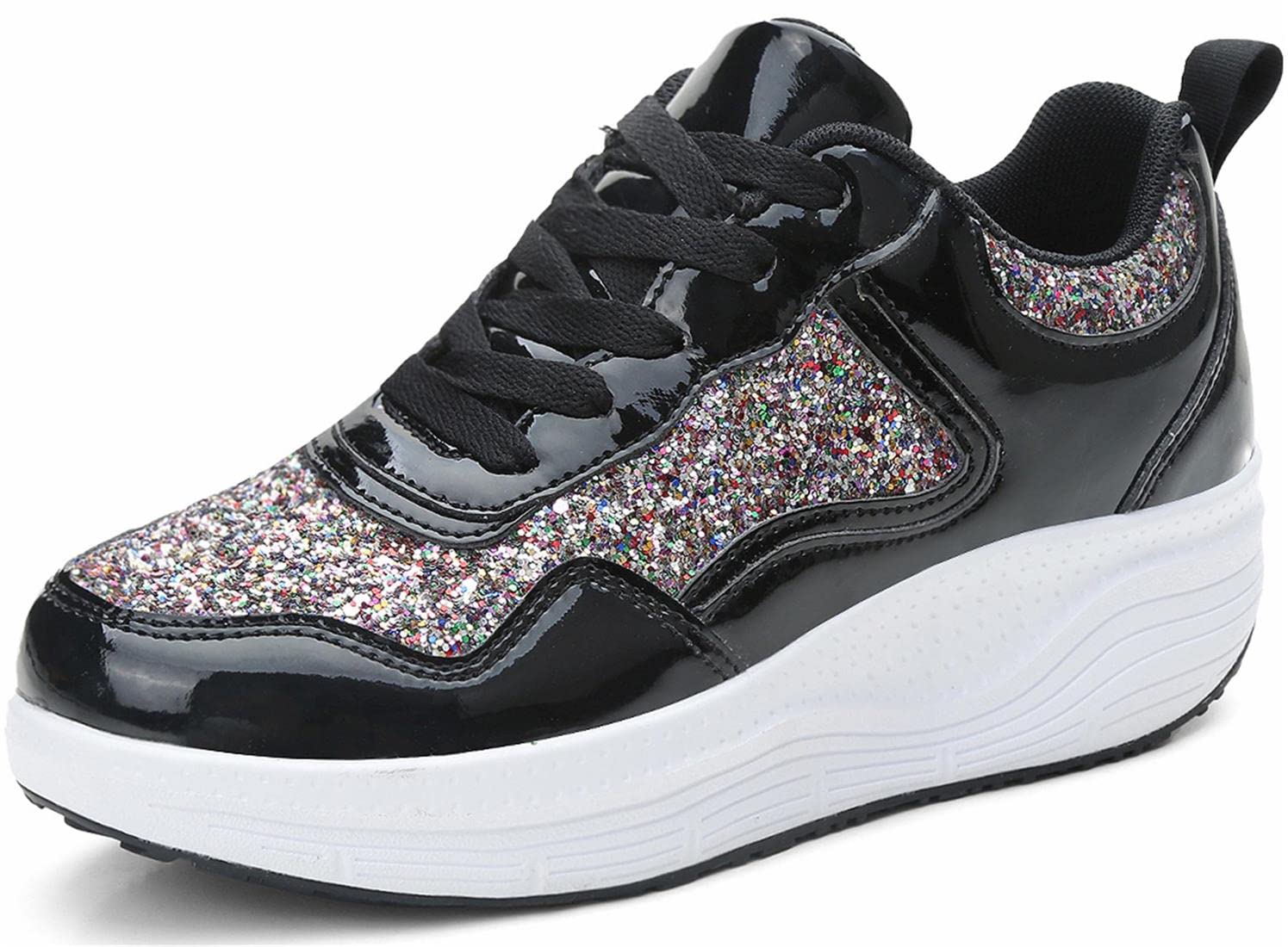 PPXID Women's Platform Sequins Fashion Sneakers Walking Shoes Lightweight Non Slip Running Shoes-Black 7.5 US Size