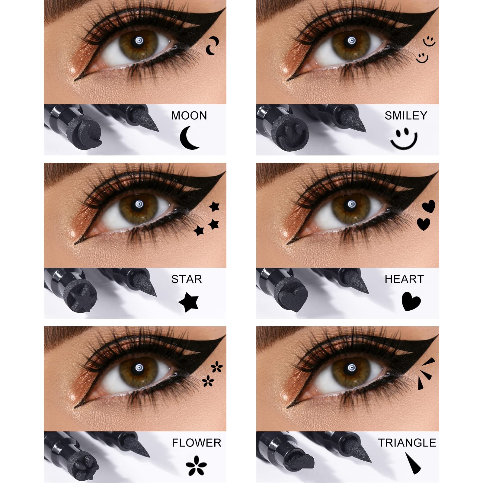Ownest 6 Pcs Liquid Eyeliner Set,Double-Side Waterproof Smudge-proof Eyeliner Stamp Pen Eyeliner Tattoo Tool Makeup-Smiley, Triangle,Heart,Star,Moon,Flower