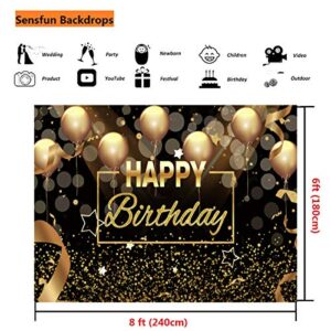 Sensfun Happy Birthday Party Backdrop Banner Black Gold Balloons Glitter Bokeh Spots Men Women Bday Photography Background for Adult Birthday Cake Table Decoration Supplies Photo Booth Backdrops 8x6ft