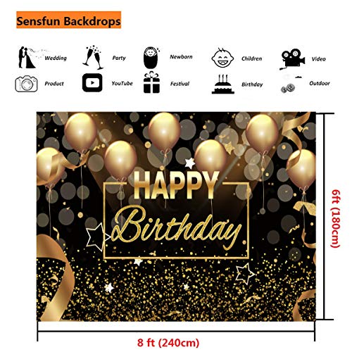 Sensfun Happy Birthday Party Backdrop Banner Black Gold Balloons Glitter Bokeh Spots Men Women Bday Photography Background for Adult Birthday Cake Table Decoration Supplies Photo Booth Backdrops 8x6ft