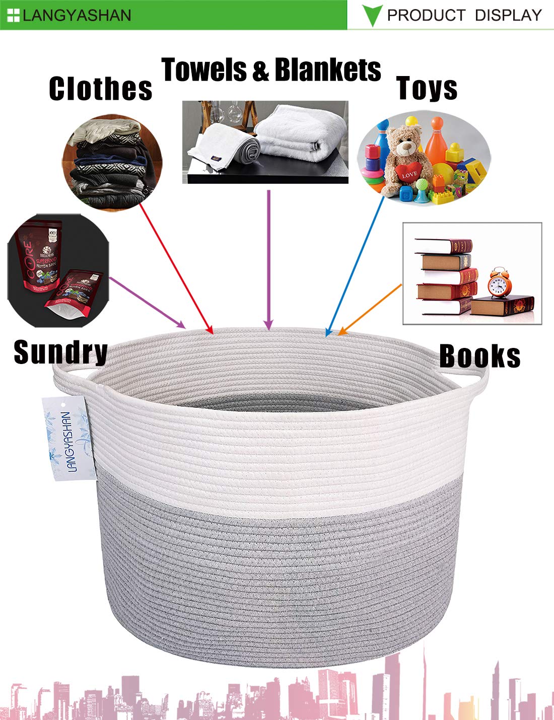 LANGYASHAN 21.65" x 13.78" XXXLarge Woven Rope Basket Decorative Blanket Basket for Living Room Toys Sofa Throws Storage Towels or Nursery Round Laundry Hamper Basket with Handles Laundry Basket(Gray)