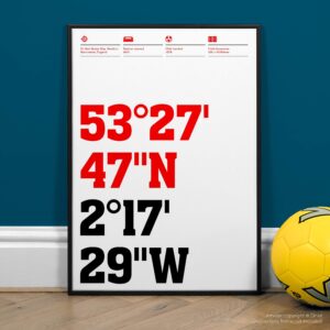 manchester u. football stadium coordinates typography prints and posters, personalized soccer gifts