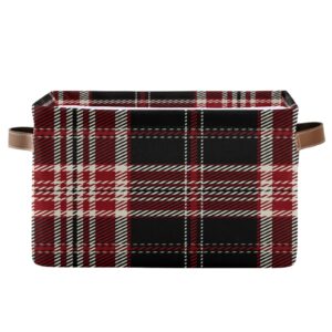 alaza decorative basket rectangular storage bin, red black and white plaid organizer basket with leather handles for home office