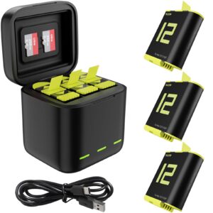 battery charger for gopro hero 12 hero 11 hero 10 hero 9, telesin 3-pack batteries + triple usb charge case with sd card slot fully compatible with original go pro 12 11 10 9 black camera accessories