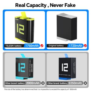 Battery Charger for GoPro Hero 12 Hero 11 Hero 10 Hero 9, TELESIN 3-Pack Batteries + Triple USB Charge Case with SD Card Slot Fully Compatible with Original Go Pro 12 11 10 9 Black Camera Accessories