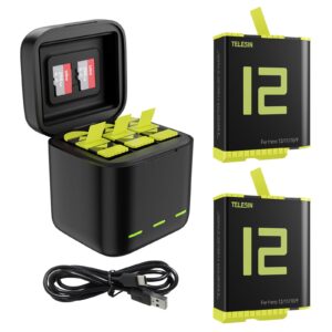 telesin battery charger kit for gopro hero 12 hero 11 hero 10 hero 9 black, 2-pack batteries triple usb charger fully compatible with original go pro 12 11 10 9 camera accessories
