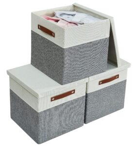 decomomo storage cubes with lid [3-pack] large storage box, stackable storage bin with dual handles for organizing toys books shelves office nursery (grey and white, 11 x 11 x 11 inch)