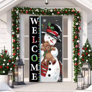 welcome snowman photography door banner - winter cute outdoor snowman backdrop for christmas holiday party decorations, 6 x 3 feet