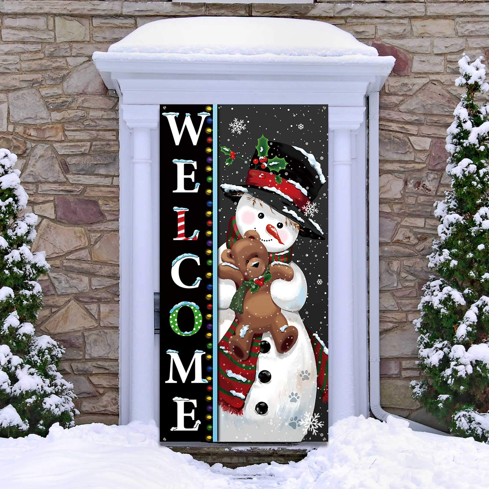 Welcome Snowman Photography Door Banner - Winter Cute Outdoor Snowman Backdrop for Christmas Holiday Party Decorations, 6 x 3 Feet