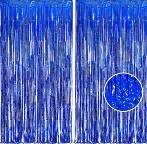 braveshine blue tinsel foil fringe curtains - 2pcs 3.2x8.2 ft metallic holidays photo backdrop for birthdays homecoming bachelor bachelorette sea theme party decorations