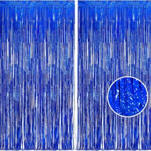 BRAVESHINE Blue Tinsel Foil Fringe Curtains - 2Pcs 3.2x8.2 ft Metallic Holidays Photo Backdrop for Birthdays Homecoming Bachelor Bachelorette Sea Theme Party Decorations